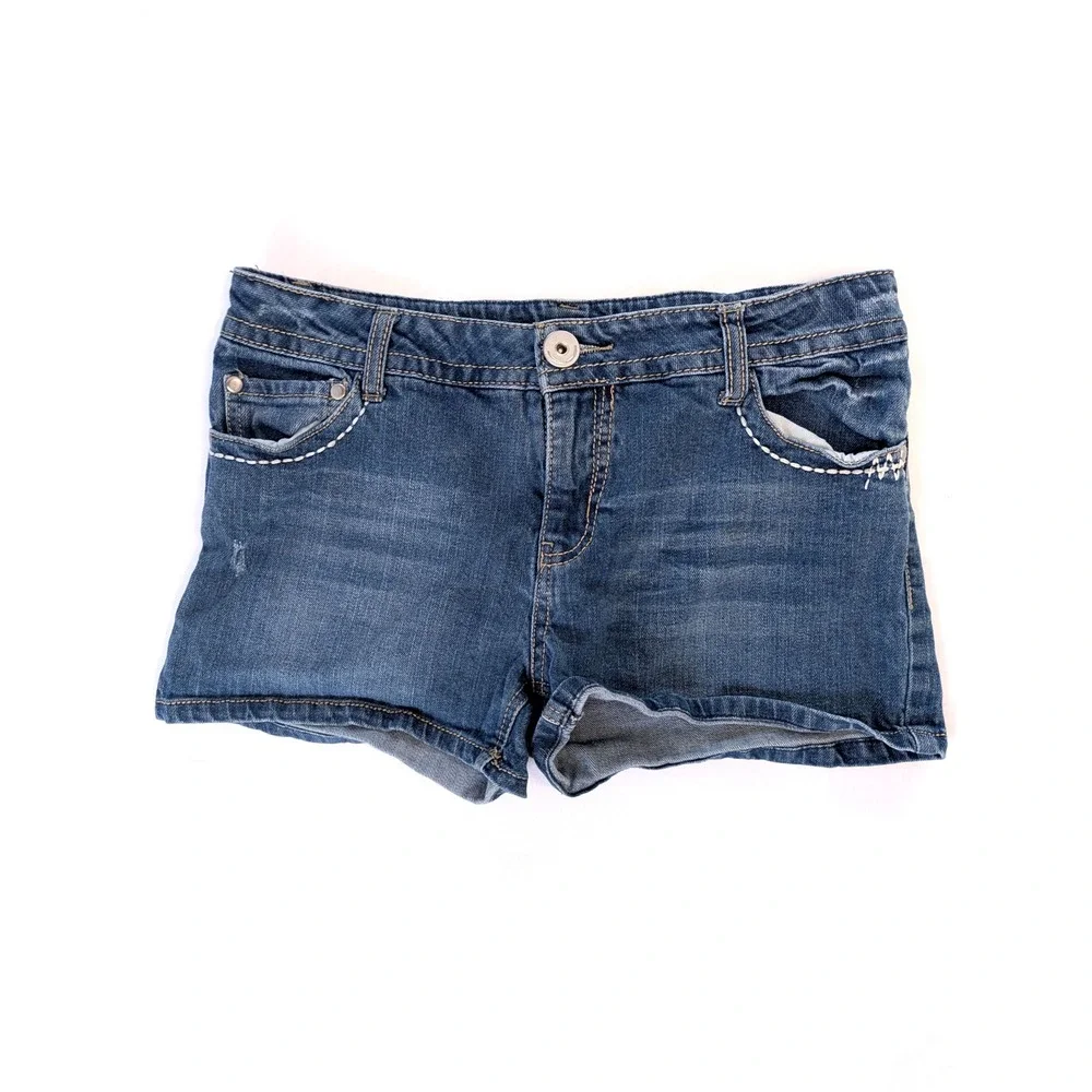 Cherokee Girls Blue Denim Shorts Medium Wash Embroidered Pockets Size XL 14-16